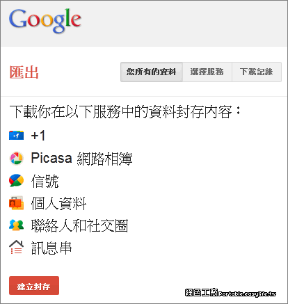Google Takeout。備份Google個人資料（包含Plus、Picasa、Buzz、個人資料、聯絡人和社交圈、訊息串）
