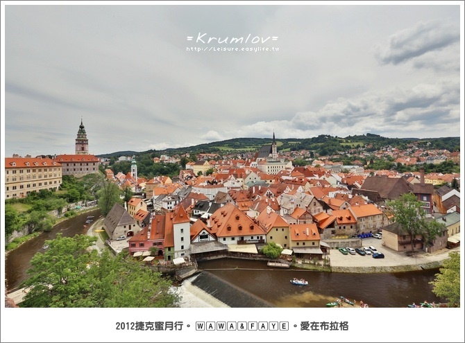 捷克 Krumlov 庫倫諾夫。城堡區、彩繪塔。鳥瞰庫倫諾夫