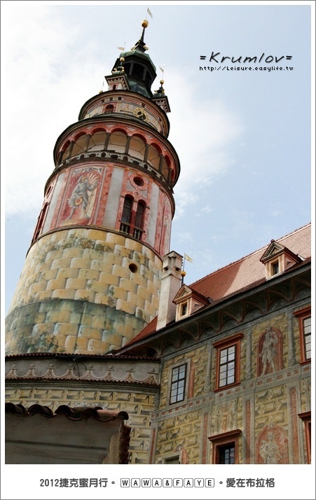捷克 Krumlov 庫倫諾夫。城堡區、彩繪塔。鳥瞰庫倫諾夫