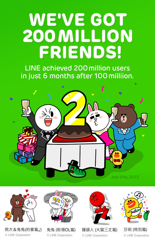 【限時】LINE全球用戶數突破2億！四組貼圖免費下載中！