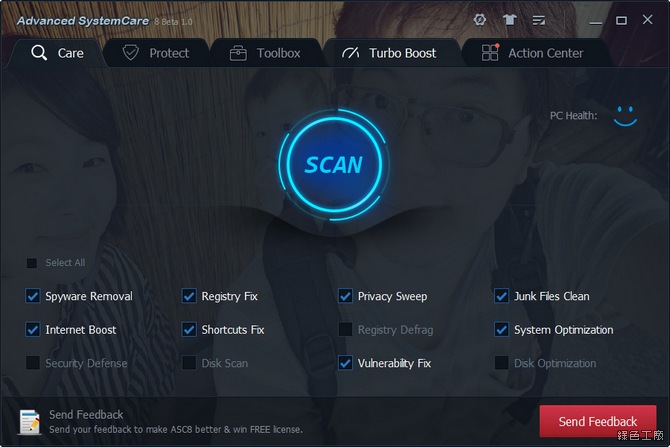Advanced SystemCare 8 Beta 1.0 全新介面新登場，可以自訂喜歡的圖片當背景唷！