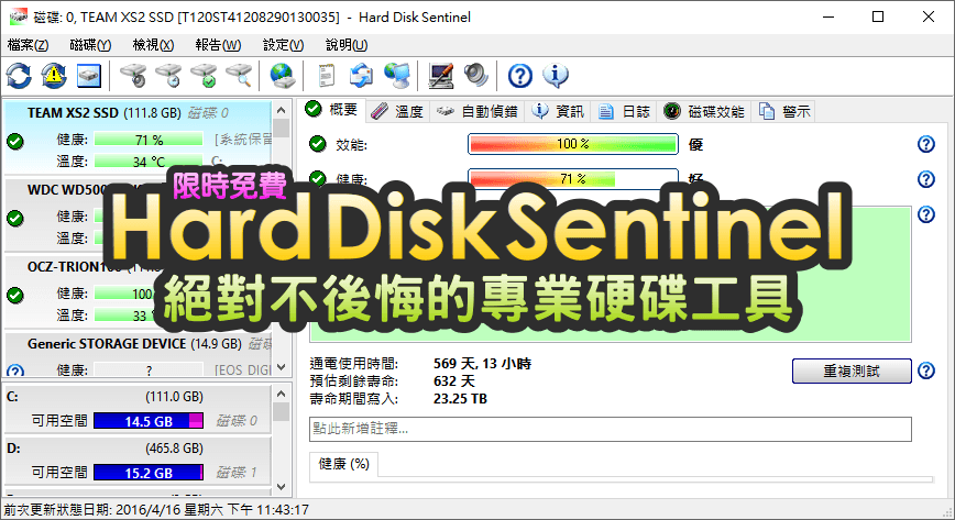 限時免費 Hard Disk Sentinel 5.61 硬碟健康助手，預估硬碟剩餘壽命，專業級工具一定要擁有