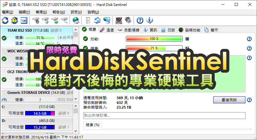 限時免費 Hard Disk Sentinel 6.10 硬碟健康助手，預估硬碟剩餘壽命，專業級工具一定要擁有