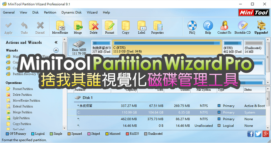 限時免費 MiniTool Partition Wizard Pro 11.5 視覺化磁碟管理工具，硬碟擴充、合併、調整大小都可以唷！