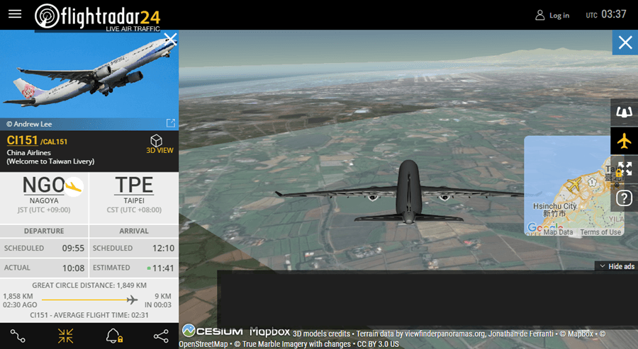 flightradar24 線上查詢飛機即時狀況資訊，3D VIEW 仿開飛機效果大家都是機長！