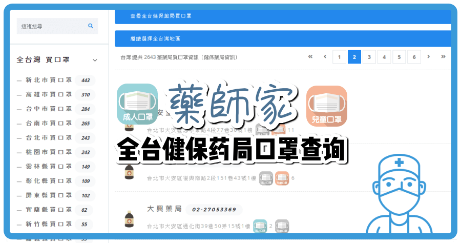 全台健保藥局口罩查詢，藥師家網站查詢