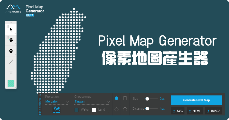 Pixel Map Generator 線上像素地圖產生器，可標記 / 畫線 / 增加文字，支援 SVG 及 PNG 無浮水印輸出