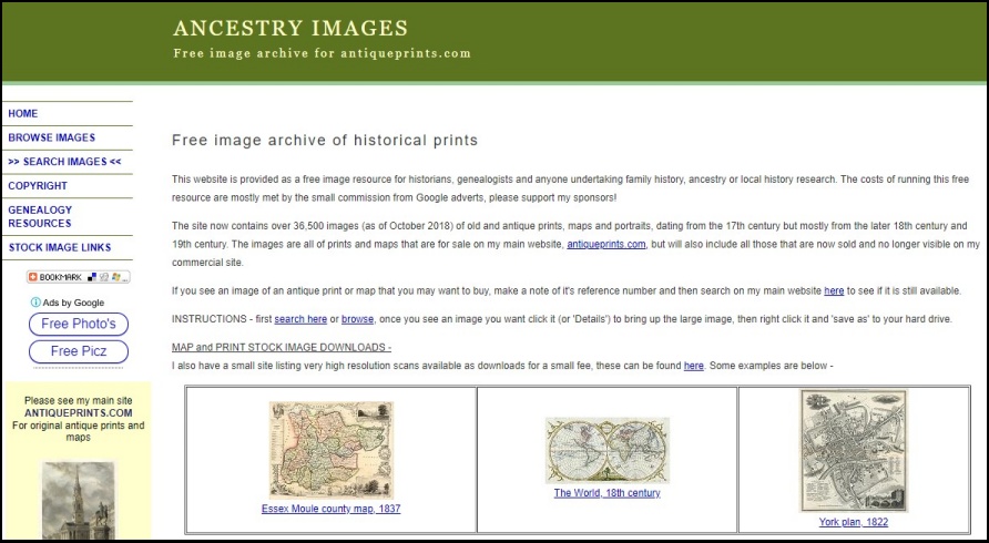 Ancestry Images 彙整了先人智慧的作品，提供超過 36500 張歷史版畫、地圖及神器等相片圖檔