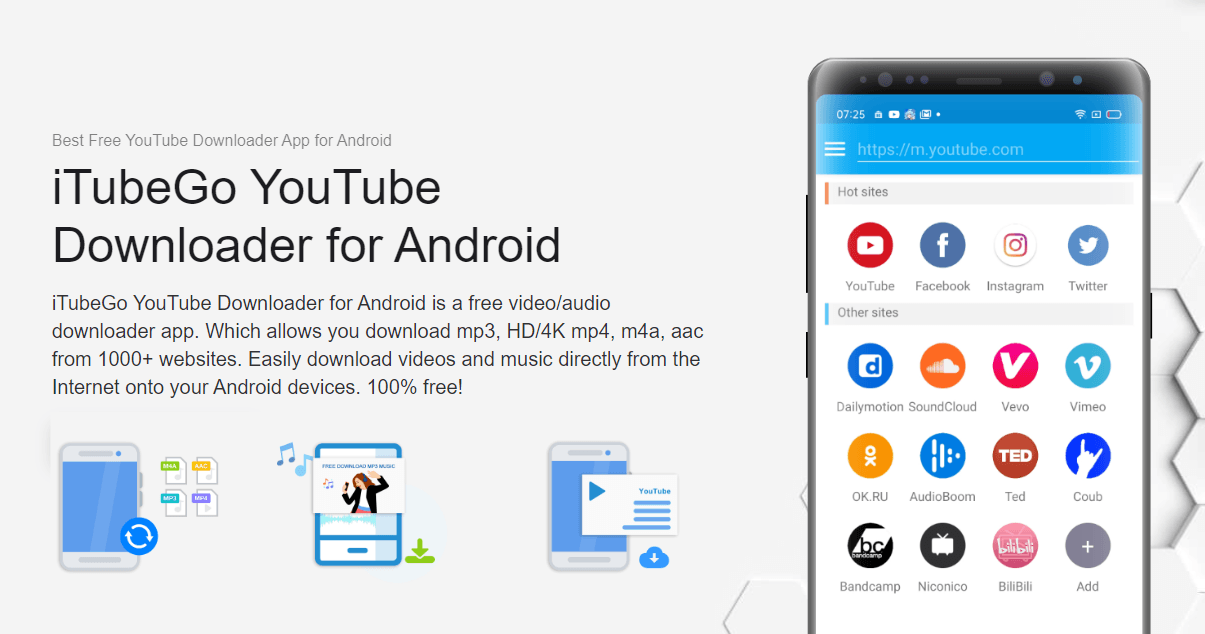 iTubeGo for Android 免費下載高畫質影片與高品質音樂，並支援 MP4，MP3，AAC，M4A 格式