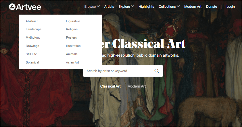 Artvee 收錄百萬個美術館古典與現代藝術作品網，100%免費並支援下載超高畫質 JPG 圖檔！