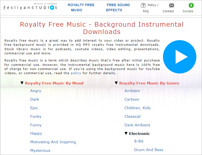 Fesliyan Studios 免費線上背景音樂素材網，全部無版權可做個人及商業用途！