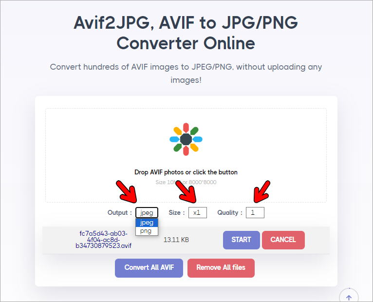 Avif2JPG 線上 AVIF 圖片轉 JPEG/PNG 工具，100 %免費並支援上百張圖片批次上傳！