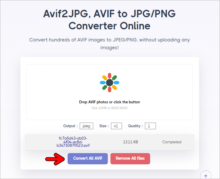 Avif2JPG 線上 AVIF 圖片轉 JPEG/PNG 工具，100 %免費並支援上百張圖片批次上傳！