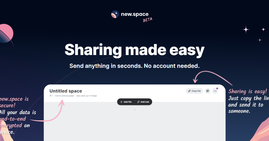 New.space 免費無限制雲端檔案分享工具，最多可保存 14 天無須需註冊！
