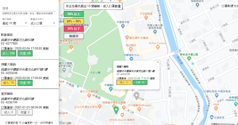 即時口罩地圖改版上線，藥局口罩存量每 10 分鐘更新一次