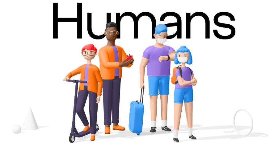 Humans 3D 卡通人像圖片素材，共有 80 種角色 20 種情境動作可自訂