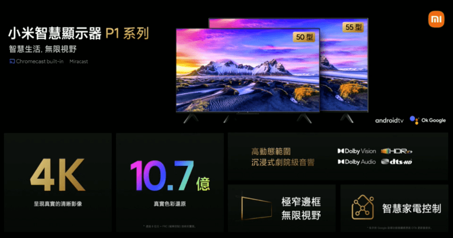 小米台灣在台推出 P1 系列智慧顯示器，50 及 55 吋兩款電視搶攻小家庭市場