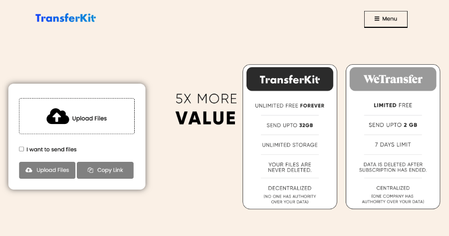 TransferKit 網頁分享檔案平台，支援 32GB 單一檔案，無限保存時間，檔案永不過期