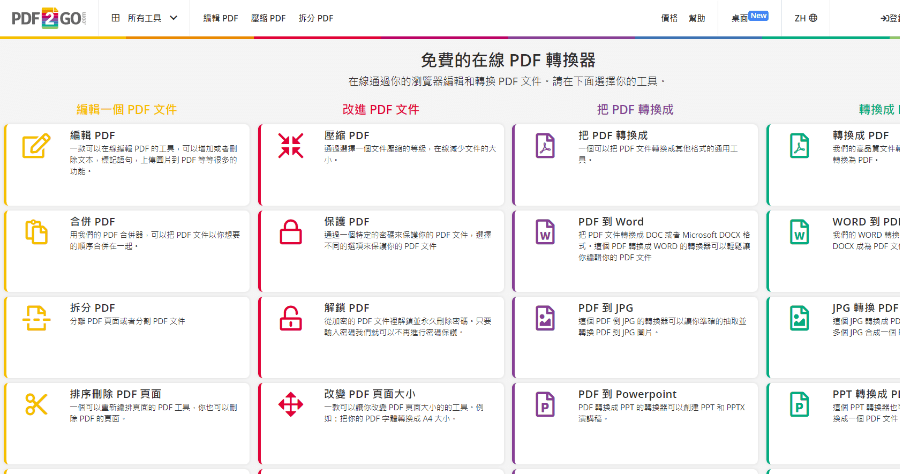 PDF2Go 全能 PDF 工具箱，免費線上 PDF 編輯工具