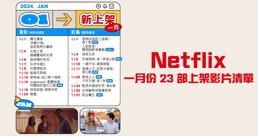 Netflix 2024 一月上架/下架影片懶人包，23 部影片清單整理
