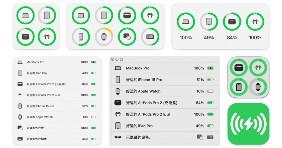 AirBattery 在 Mac 顯示 iPhone / iPad / AirPods 等蘋果裝置電池剩餘電量，還有低電量提醒功能